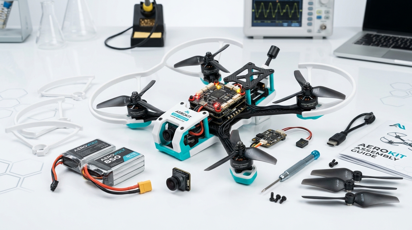 A modular educational drone kit with disassembled parts spread neatly across a white grid surface in our Ahmedabad lab.